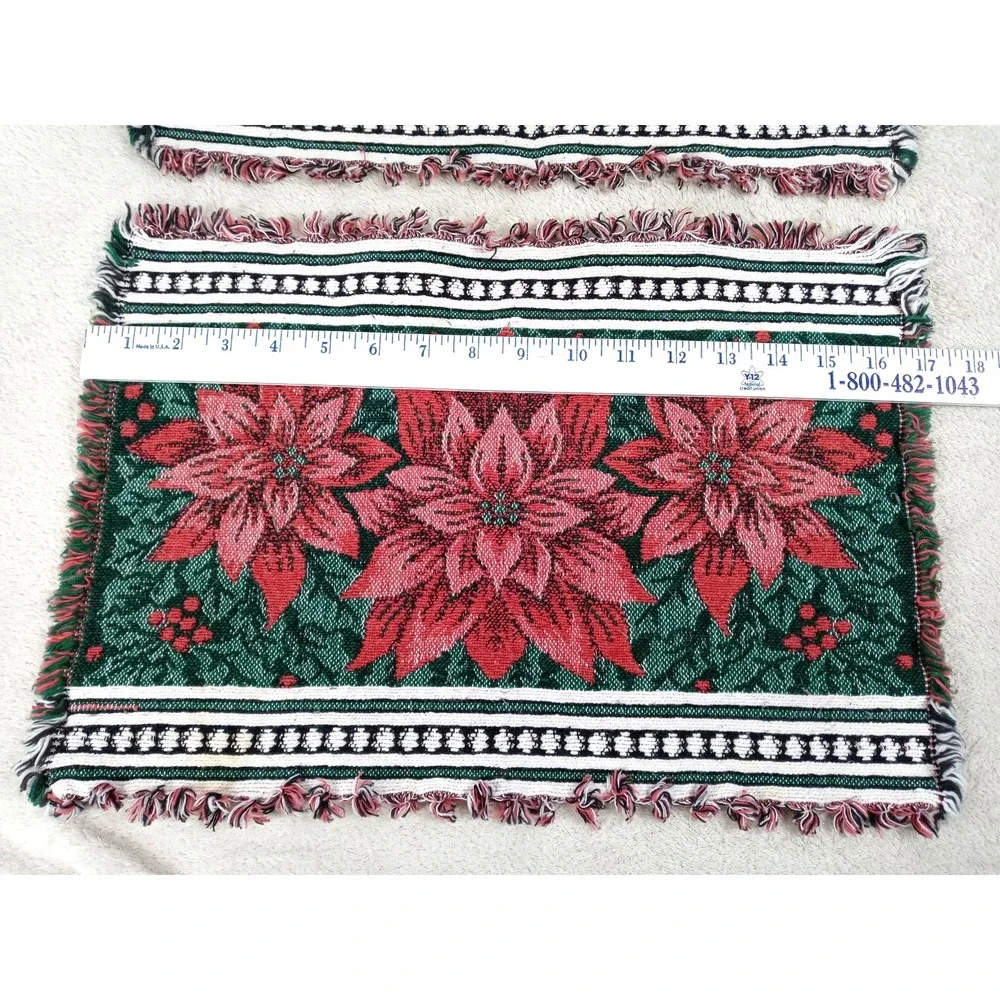 Set of 2 Christmas Poinsettia Woven‎ Tapestry Placemats Fringed Holiday Table